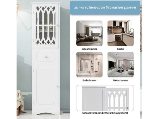 Badkamerzuil Met 2 Deuren En 1 Lade - Verstelbare Planken - Wit - 42 X 36 X 162,5 Cm