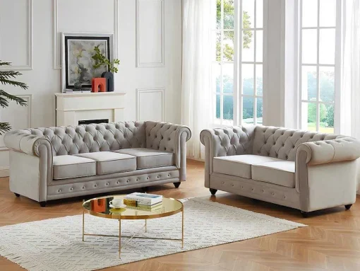 Bankstel Chesterfield - Fluweel - Lichtgrijs