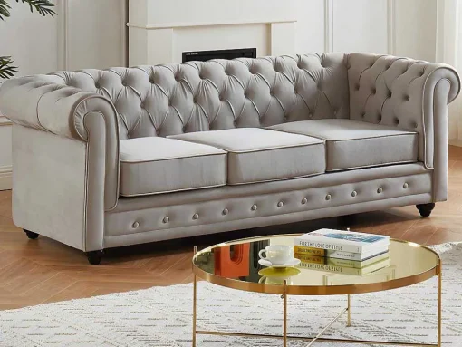 Bankstel Chesterfield - Fluweel - Lichtgrijs