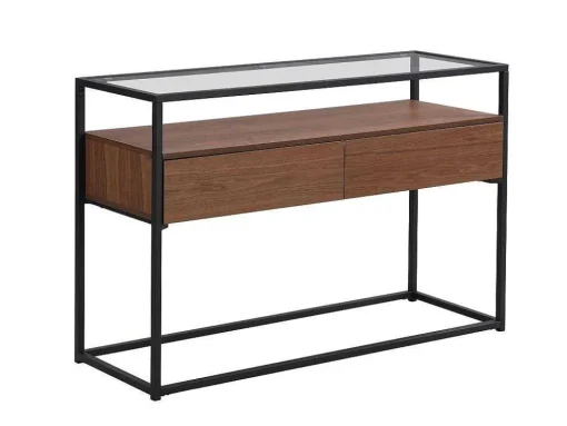 Buffetkast Met 2 Lades Van Mdf, Gehard Glas En Metaal - Donker Naturel - Camata