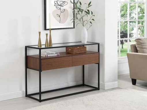 Buffetkast Met 2 Lades Van Mdf, Gehard Glas En Metaal - Donker Naturel - Camata
