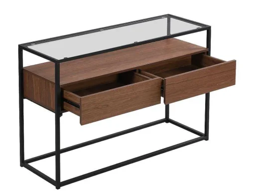 Buffetkast Met 2 Lades Van Mdf, Gehard Glas En Metaal - Donker Naturel - Camata