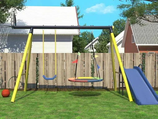 Buitenspellen Metalen Frame - 2 In Hoogte Verstelbare Schommels, Basketbalring En Glijbaan - Geschikt Voor Kinderen Vanaf 3 Jaar - Geel