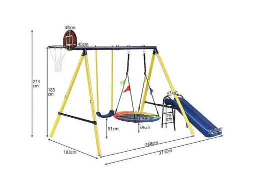 Buitenspellen Metalen Frame - 2 In Hoogte Verstelbare Schommels, Basketbalring En Glijbaan - Geschikt Voor Kinderen Vanaf 3 Jaar - Geel