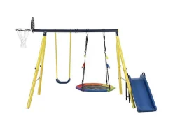 Buitenspellen Metalen Frame - 2 In Hoogte Verstelbare Schommels, Basketbalring En Glijbaan - Geschikt Voor Kinderen Vanaf 3 Jaar - Geel