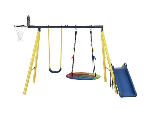 Buitenspellen Metalen Frame - 2 In Hoogte Verstelbare Schommels, Basketbalring En Glijbaan - Geschikt Voor Kinderen Vanaf 3 Jaar - Geel