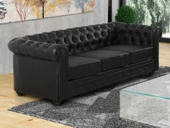 Driezitsbank Chesterfield Van Kunstleer - Zwart