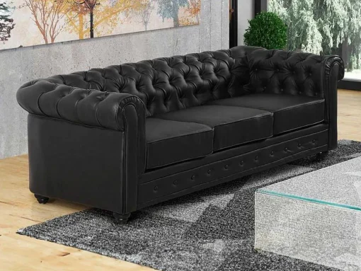Driezitsbank Chesterfield Van Kunstleer - Zwart