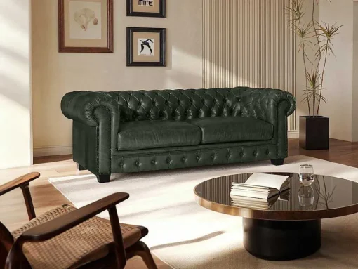Driezitsbank Chesterfield Brenton 100% Buffelleer - Empire Groen