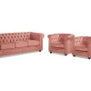 Driezitsbank En 2 Fauteuils Chesterfield - Fluweel - Pastel Roze