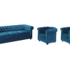 Driezitsbank En 2 Fauteuils Chesterfield - Fluweel - Eend Blauw