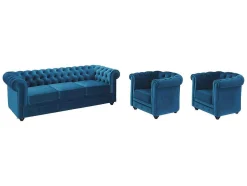 Driezitsbank En 2 Fauteuils Chesterfield - Fluweel - Eend Blauw