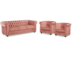 Driezitsbank En 2 Fauteuils Chesterfield - Fluweel - Pastel Roze