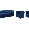 Driezitsbank En 2 Fauteuils Chesterfield - Fluweel - Konings Blauw