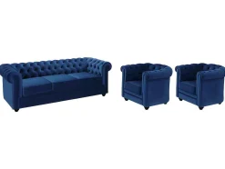 Driezitsbank En 2 Fauteuils Chesterfield - Fluweel - Konings Blauw