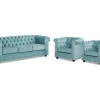 Driezitsbank En 2 Fauteuils Chesterfield - Fluweel - Pastel Blauw