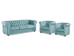 Driezitsbank En 2 Fauteuils Chesterfield - Fluweel - Pastel Blauw