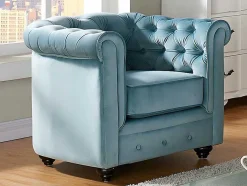 Driezitsbank En 2 Fauteuils Chesterfield - Fluweel - Pastel Blauw