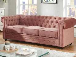 Driezitsbank En 2 Fauteuils Chesterfield - Fluweel - Pastel Roze