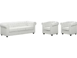 Driezitsbank En 2 Fauteuils Chesterfield Van Kunstleer - Wit