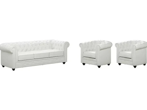 Driezitsbank En 2 Fauteuils Chesterfield Van Kunstleer - Wit