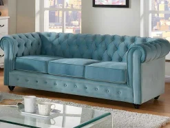 Driezitsbank En 2 Fauteuils Chesterfield - Fluweel - Pastel Blauw
