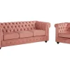 Driezitsbank En Fauteuil Chesterfield - Fluweel - Pastel Roze