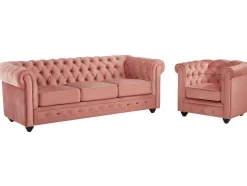 Driezitsbank En Fauteuil Chesterfield - Fluweel - Pastel Roze