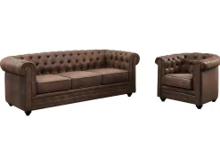 Driezitsbank En Fauteuil Chesterfield Van Microvezel Met Vintage Look