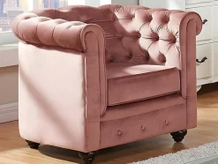 Driezitsbank En Fauteuil Chesterfield - Fluweel - Pastel Roze