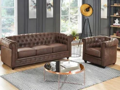 Driezitsbank En Fauteuil Chesterfield Van Microvezel Met Vintage Look