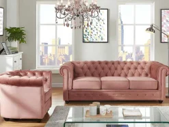 Driezitsbank En Fauteuil Chesterfield - Fluweel - Pastel Roze