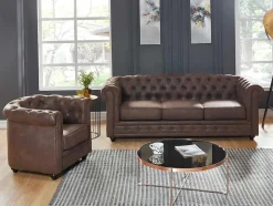 Driezitsbank En Fauteuil Chesterfield Van Microvezel Met Vintage Look