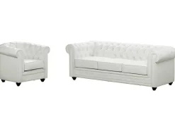 Driezitsbank En Fauteuil Chesterfield Van Kunstleer - Wit