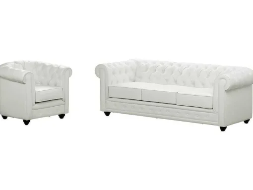 Driezitsbank En Fauteuil Chesterfield Van Kunstleer - Wit