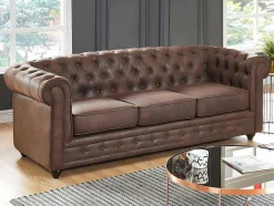 Driezitsbank En Fauteuil Chesterfield Van Microvezel Met Vintage Look