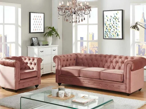 Driezitsbank En Fauteuil Chesterfield - Fluweel - Pastel Roze