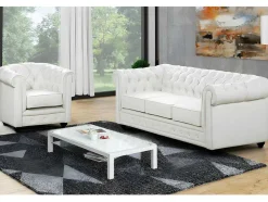 Driezitsbank En Fauteuil Chesterfield Van Kunstleer - Wit