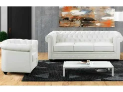 Driezitsbank En Fauteuil Chesterfield Van Kunstleer - Wit
