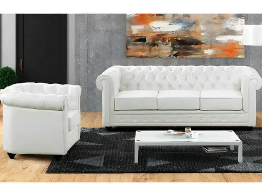Driezitsbank En Fauteuil Chesterfield Van Kunstleer - Wit