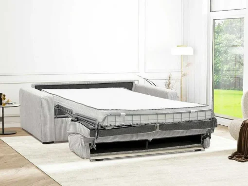 Express-Driezitsslaapbank Van Beige Ribfluweel - Bed Met Brede Latten 140 Cm - Matras 18 Cm - Mondovi