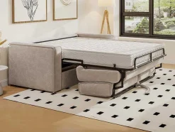 Express-Vierzitsslaapbank Van Beige Ribfluweel - Bed Met Brede Latten 160 Cm - Matras 22 Cm Loreto