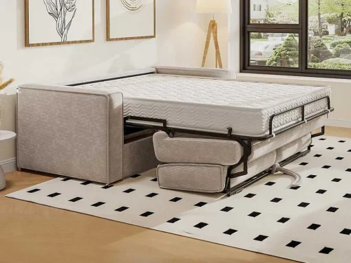 Express-Vierzitsslaapbank Van Beige Ribfluweel - Bed Met Brede Latten 160 Cm - Matras 22 Cm Loreto