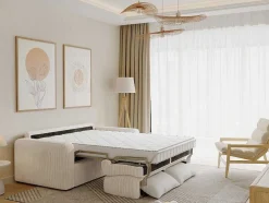 Express-Vierzitsslaapbank Van Beige Ribfluweel - Bed Met Brede Latten 160 Cm - Matras 18 Cm - Bevis