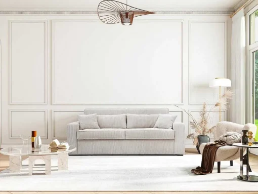 Express-Vierzitsslaapbank Van Beige Ribfluweel - Bed Met Brede Latten 160 Cm - Matras 14 Cm - Mondovi