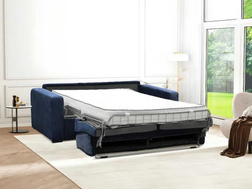 Express-Vierzitsslaapbank Van Blauw Ribfluweel - Bed 160 Cm - Matras 18 Cm - Mondovi