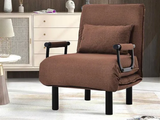 Fauteuil Met Kussen En Verstelbare Rugleuning - Om Te Bouwen Tot Fauteuil - Linnen Stof - Bruin
