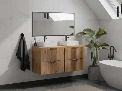 Gestreept Hangend Meubel Onder Wastafel Met Plank - Licht Naturel - L120 Cm - Zevara