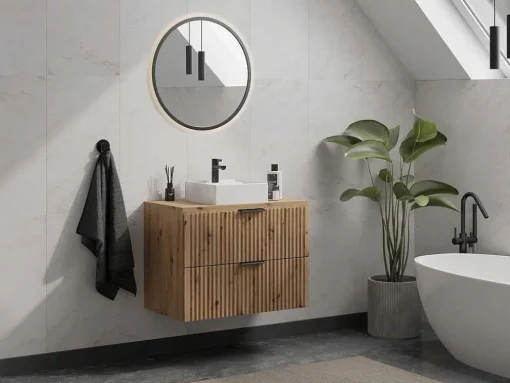 Gestreept Hangend Meubel Onder Wastafel Met Plank - Licht Naturel - L80 Cm - Zevara