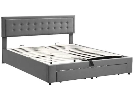 Gewatteerd Opbergbed 160X200Cm In Fluweel Met Lade + Lattenbodem - Grijs (Zonder Matras)